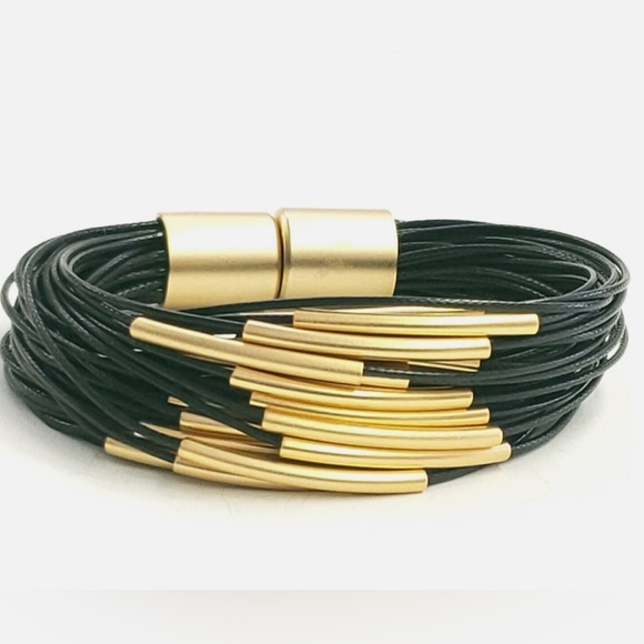 VINTAGE GOLD TONE TUBE STACK MULTI CORD BRACELET with MAGNET CLASP - Picture 1 of 8
